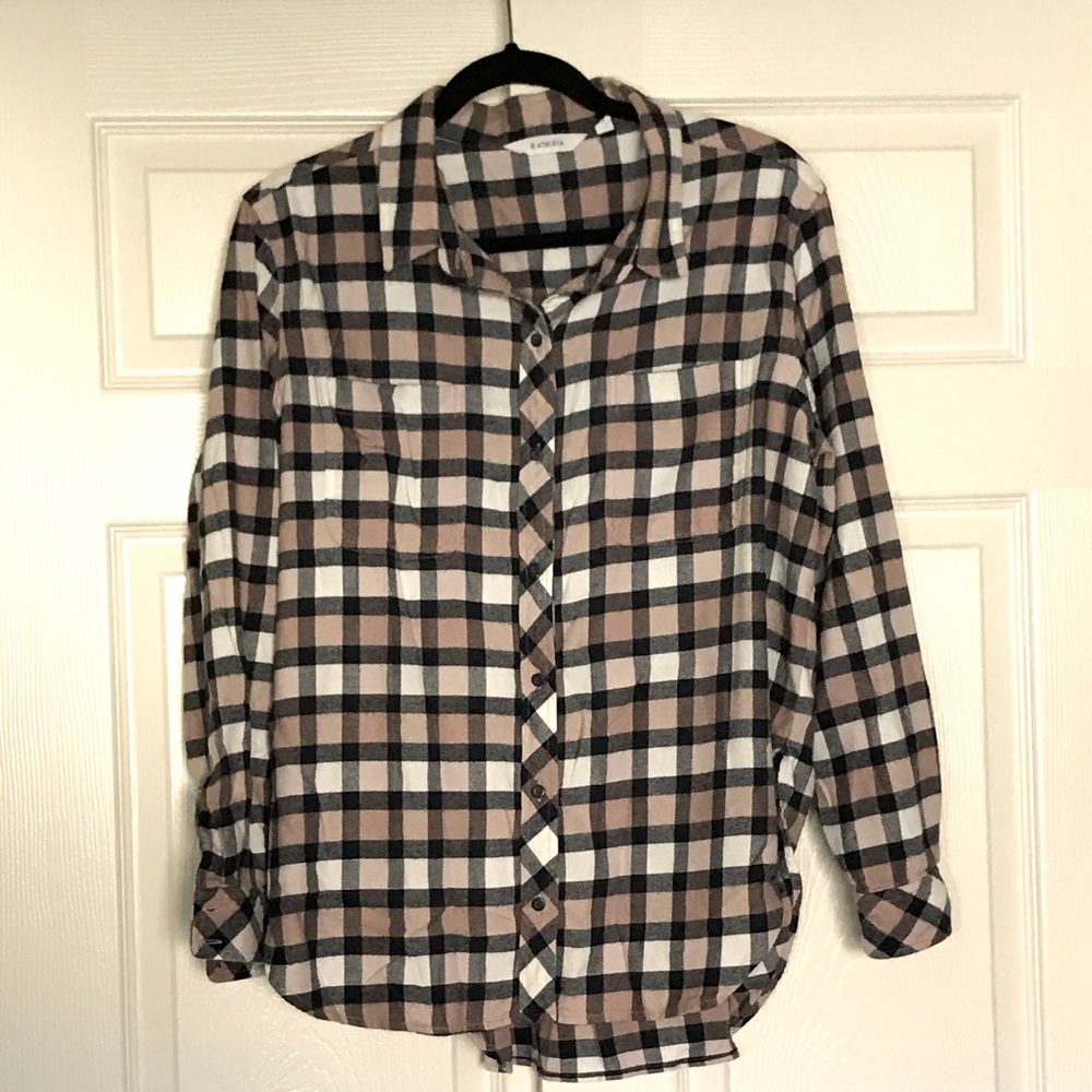 Athleta pink and navy blue plaid button-down